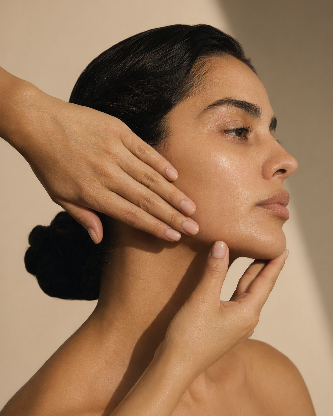 Close-up editorial de piel real y estructura facial