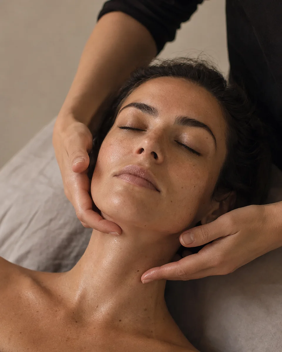 Imagen editorial de tratamiento facial manual con manos sobre rostro y cuello